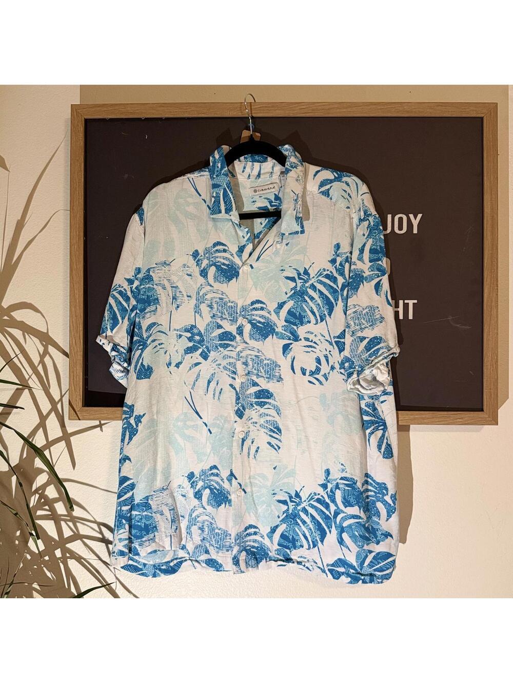 White Blue Tropical Cubavera Button Up Shirt Size XL Linen Blend Resort